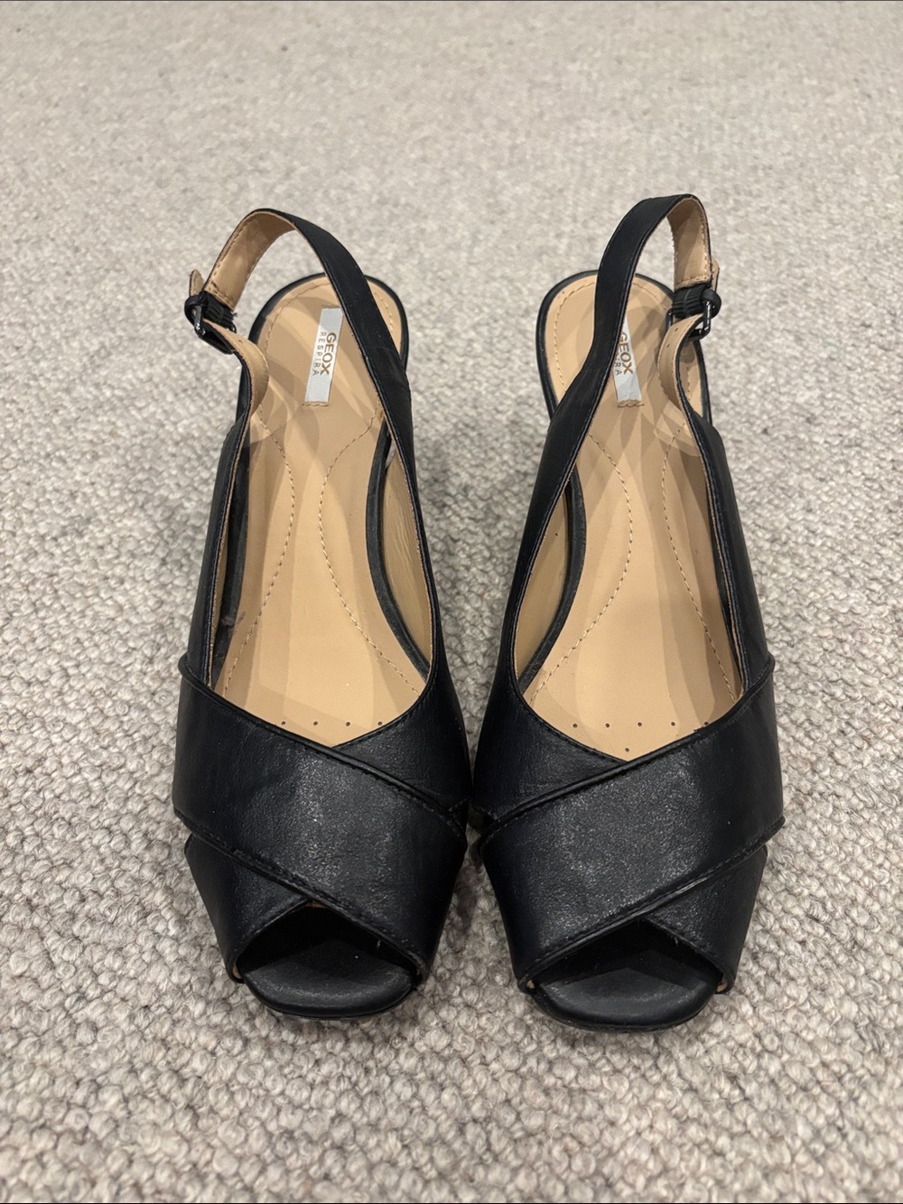 Geox Black Leather Slingback Peep-Toe Wedges